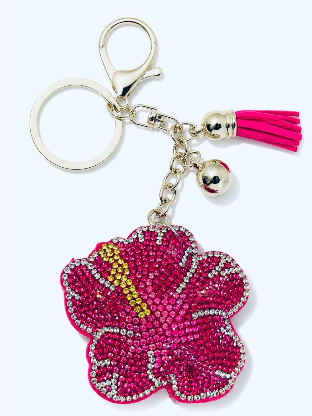 Hibiscus Flower Crystal Keychain Bag Backpack Charm